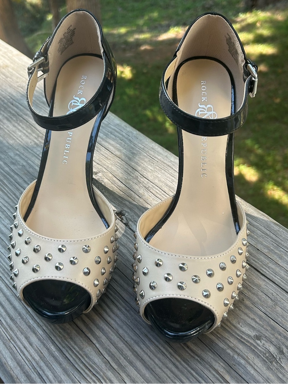 Rock & Republic Beige and Black Studded Ankle-Strap Heels